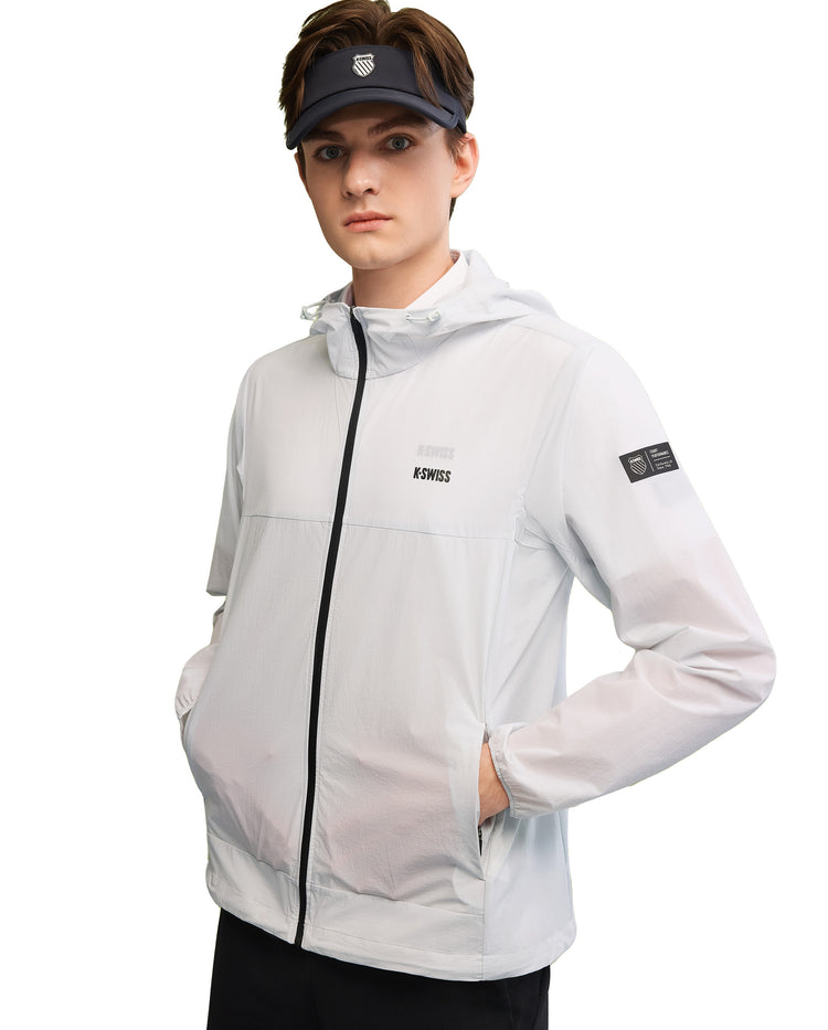 109985-413 | MEN'S K-SWISS LOGO STAND COLLAR HOODED JACKET | GRAY MIST/MOONBEAM
