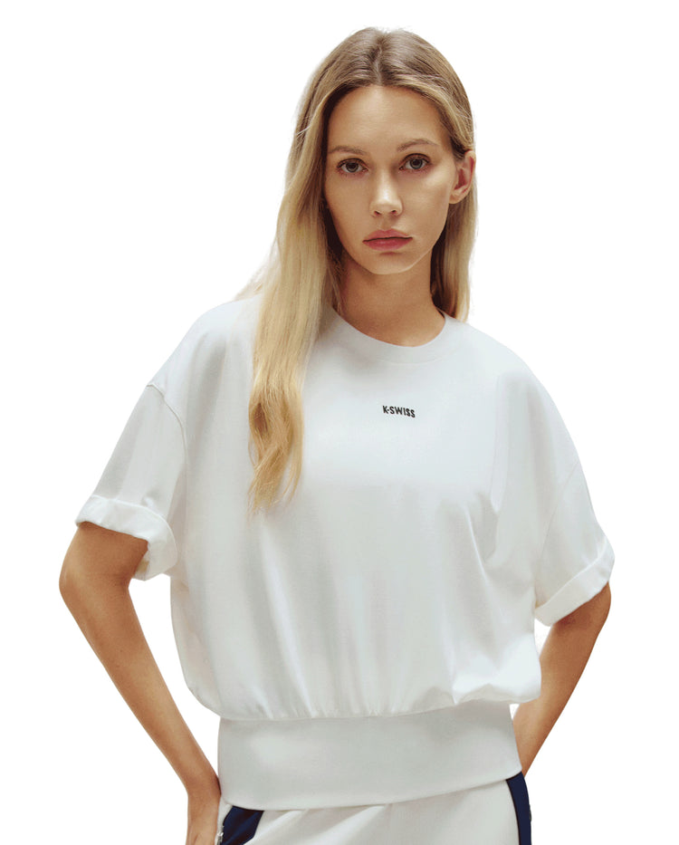 1910771-115 | WOMEN'S K-SWISS LOGO LOOSE FIT GATERED HEM T-SHIRT | WHITE/SPECIAL