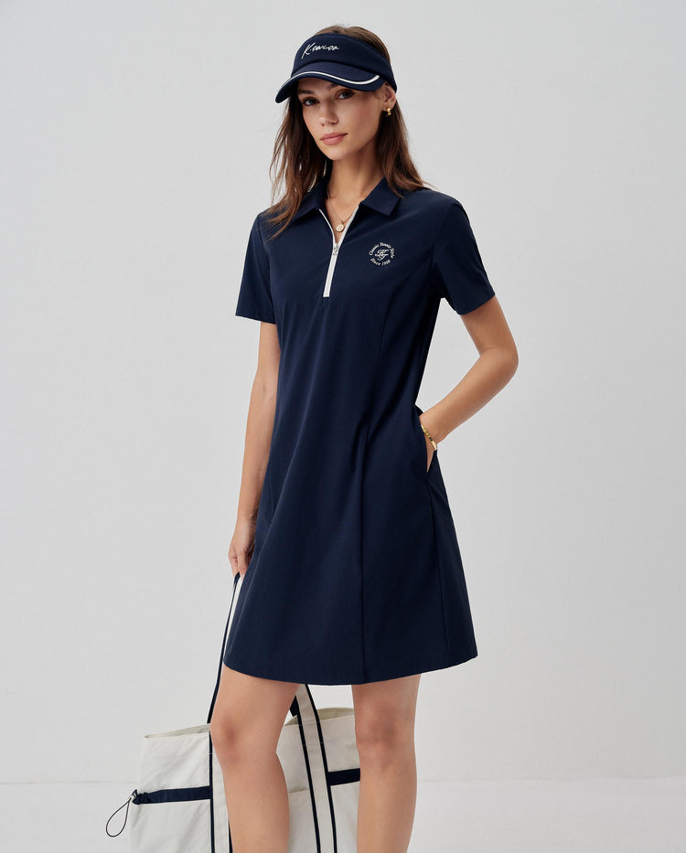 1912120-014 | WOMEN'S LOGO HALF-ZIP TENNIS POLO DRESS | NAVY