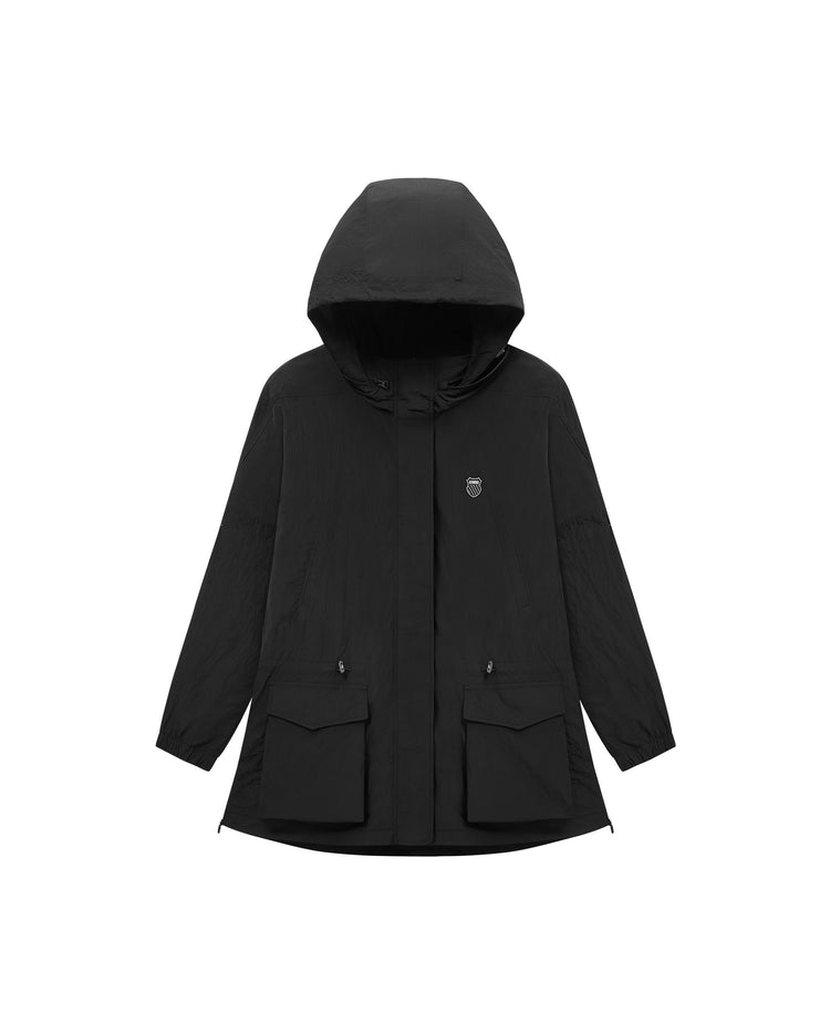 197149-008 | WOMEN'S K-SWISS LOGO LONG CUT HOODED JACKET | BLACK