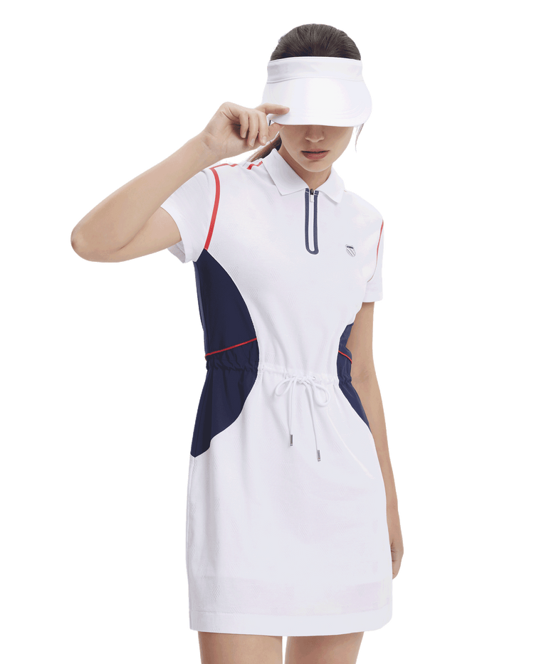 197189-100 | WOMEN'S ALL-OVER LOGO COLOR BLOCKS POLO DRESS | WHITE