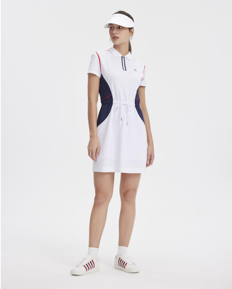 197189-100 | WOMEN'S ALL-OVER LOGO COLOR BLOCKS POLO DRESS | WHITE