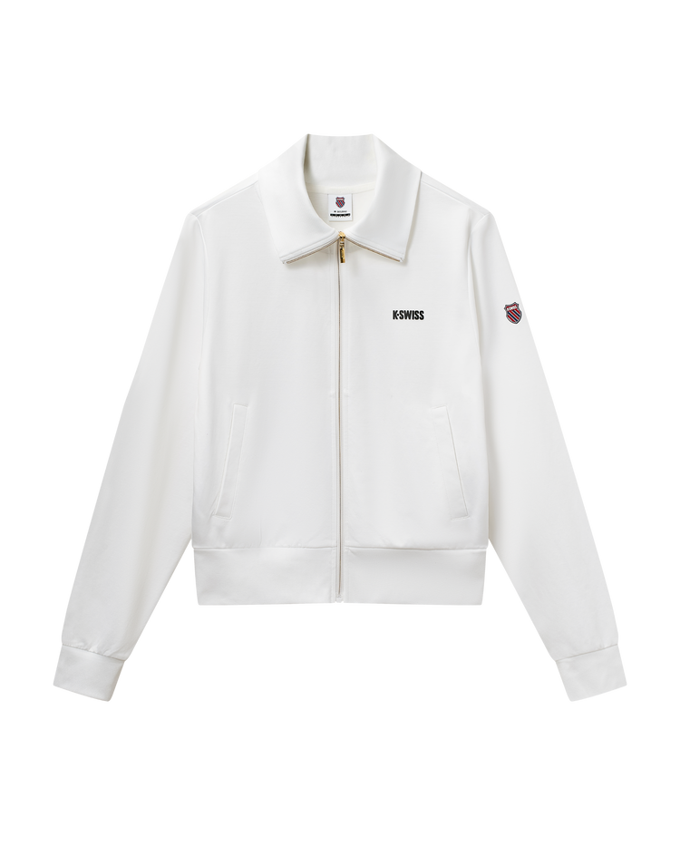198417-101 | WOMEN'S K-SWISS LOGO STAND COLLAR ZIPPED JACKET | WHITE/WHITE